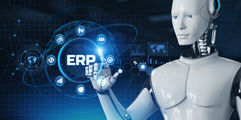 ERP Enterprise resources planning. Robot pressing button on screen 3d render.