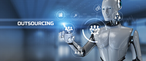 Outsourcing process automation. Robot pressing button on screen 3d render.