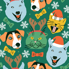 Vector seamless pattern with cats and dogs Christmas edition - 550798305