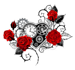 Mechanical heart with red roses