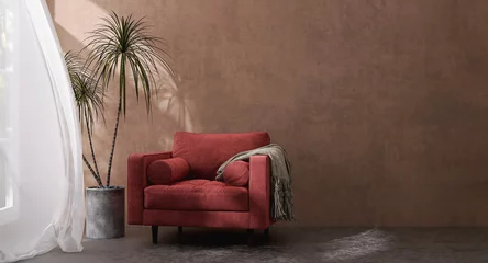 Fotobehang Luxury design of velvet red armchair sofa with blanket, dracaena plants, in sunlight from window with blowing white sheer curtain on tuscan brown venetian plaster wall and dark cement floor © myboys.me