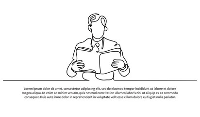 Simple continuous line design of a man holding a book. Businessman reading data. The doctor opens a book. Decorative elements are drawn on white background.
