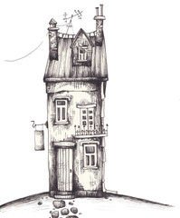 Hand draw illustration of a old house in the city. Vintage atmosphere,  sweet and soft image.