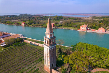 Aerial view on Island Mazzorbo in Venice, Italy.  Forte di Mazzorbo, old bell tower, vineyard and Mazzorbo park.