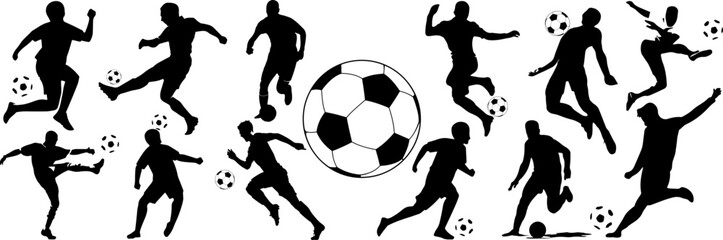 Flat design soccer player silhouette illustration and Silhouettes of football players in various poses