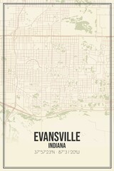 Retro US city map of Evansville, Indiana. Vintage street map.