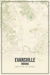 Retro US city map of Evansville, Indiana. Vintage street map.