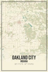 Retro US city map of Oakland City, Indiana. Vintage street map.