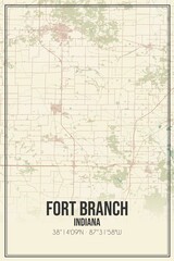 Retro US city map of Fort Branch, Indiana. Vintage street map.