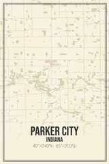 Retro US city map of Parker City, Indiana. Vintage street map.