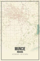 Retro US city map of Muncie, Indiana. Vintage street map.