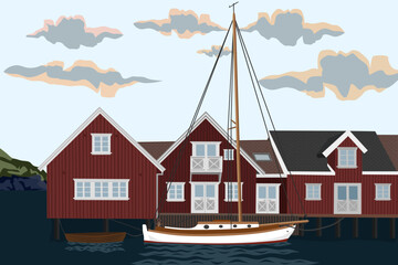 Sailboat tied to the dock near typical nordic houses on the coast, stylish illustration - 550799792