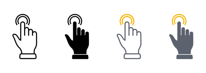 Double Click Gesture Line and Silhouette Color Icon Set. Hand Cursor of Computer Mouse Pictogram. Swipe Press Touch Point Tap Symbol Collection on White Background. Isolated Vector Illustration