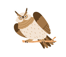Cute owl sitting on tree branch. Funny feathered bird looking with curious bulging eyes. Adorable amusing night Uhu birdie on twig. Flat vector illustration isolated on white background