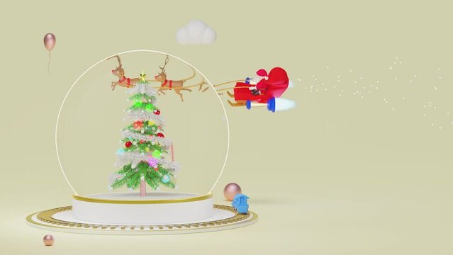 snow globe with christmas tree santa claus, reindeer sleigh fly, steam train transport toy isolated on beige. Christmas banner, festive New Year, 3d animation, alpha channel