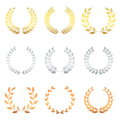 Gold, Silver, and Bronze Laurel Wreath Silhouette Icon Set. Success Chaplet Symbol. Champion Foliate Trophy Pictogram. Olive Leaves Branch Award Round Emblem. Isolated Vector Illustration