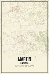 Retro US city map of Martin, Tennessee. Vintage street map.
