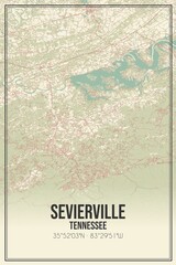 Retro US city map of Sevierville, Tennessee. Vintage street map.