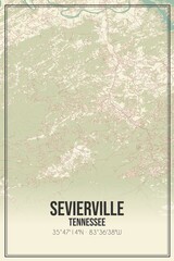 Retro US city map of Sevierville, Tennessee. Vintage street map.
