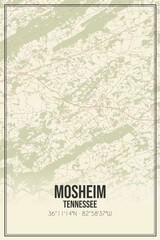 Retro US city map of Mosheim, Tennessee. Vintage street map.