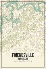 Retro US city map of Friendsville, Tennessee. Vintage street map.