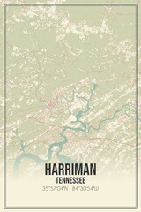 Retro US city map of Harriman, Tennessee. Vintage street map.