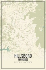 Retro US city map of Hillsboro, Tennessee. Vintage street map.