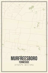 Retro US city map of Murfreesboro, Tennessee. Vintage street map.