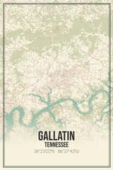 Retro US city map of Gallatin, Tennessee. Vintage street map.