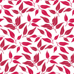 Fototapeta na wymiar Seamless pattern with leaves in Viva Magenta color. Color of the year 2023. Minimalistic floral background. Trend vector illustration.