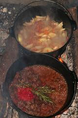Iron-cast pots with game goulash and vegetables on the campfire as game dishes concept.