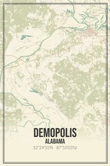 Retro US city map of Demopolis, Alabama. Vintage street map.