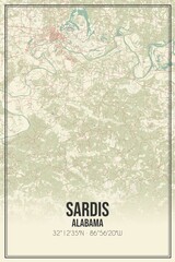Retro US city map of Sardis, Alabama. Vintage street map.