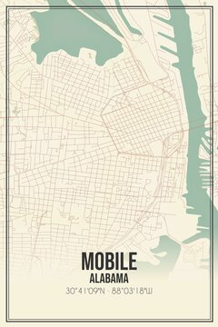 Retro US city map of Mobile, Alabama. Vintage street map.