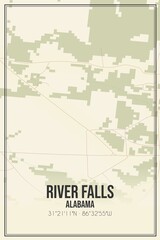 Retro US city map of River Falls, Alabama. Vintage street map.