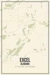 Retro US city map of Excel, Alabama. Vintage street map.