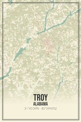 Retro US city map of Troy, Alabama. Vintage street map.