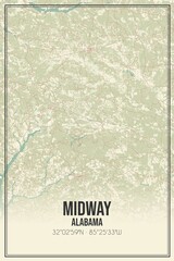 Retro US city map of Midway, Alabama. Vintage street map.