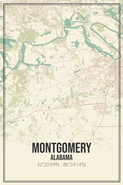 Retro US city map of Montgomery, Alabama. Vintage street map.
