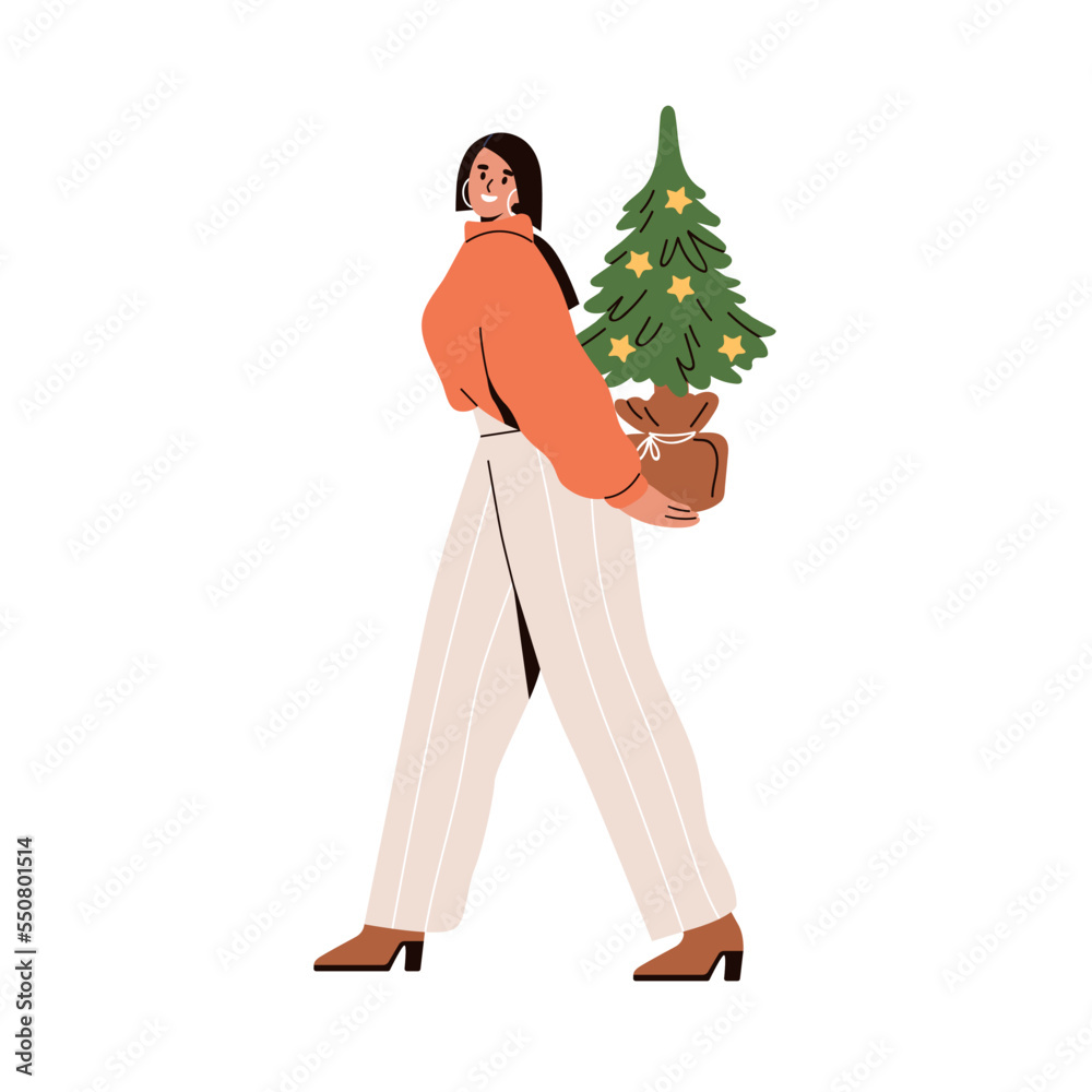 Poster Happy woman holding Christmas tree. Young girl, office worker going, carrying Xmas fir, surprise behind back, preparing for winter holidays. Flat vector illustration isolated on white background