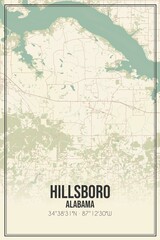 Retro US city map of Hillsboro, Alabama. Vintage street map.