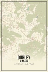 Retro US city map of Gurley, Alabama. Vintage street map.