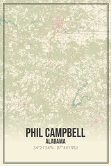 Retro US city map of Phil Campbell, Alabama. Vintage street map.