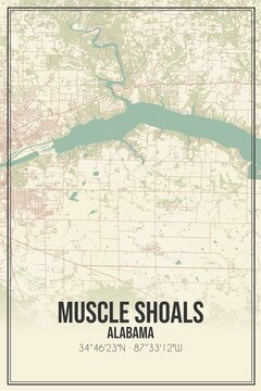 Retro US city map of Muscle Shoals, Alabama. Vintage street map.