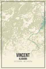 Retro US city map of Vincent, Alabama. Vintage street map.