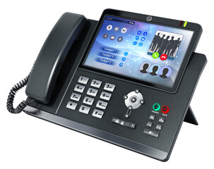 Modern VoIP or Voice over IP phone with LED screen on transparent background