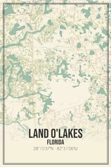 Retro US city map of Land O'Lakes, Florida. Vintage street map.
