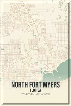 Retro US City Map Of North Fort Myers, Florida. Vintage Street Map.