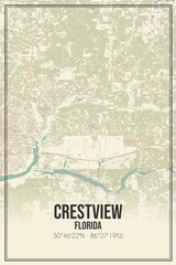 Retro US city map of Crestview, Florida. Vintage street map.