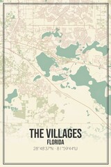 Retro US city map of The Villages, Florida. Vintage street map.